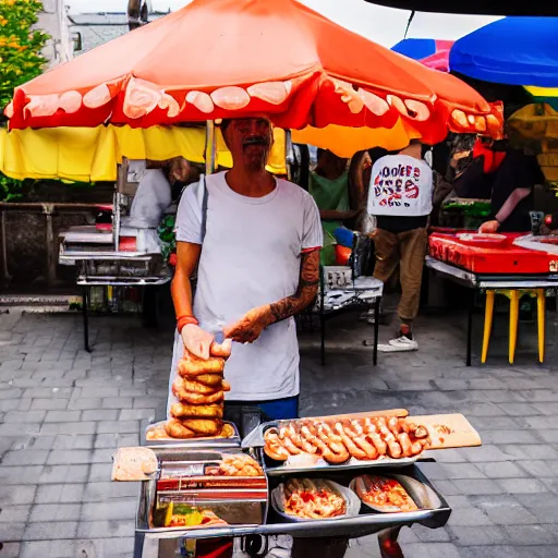Prompt: weird man selling hotdogs, 🌭, canon eos r 3, f / 1. 4, iso 2 0 0, 1 / 1 6 0 s, 8 k, raw, unedited, symmetrical balance, wide angle