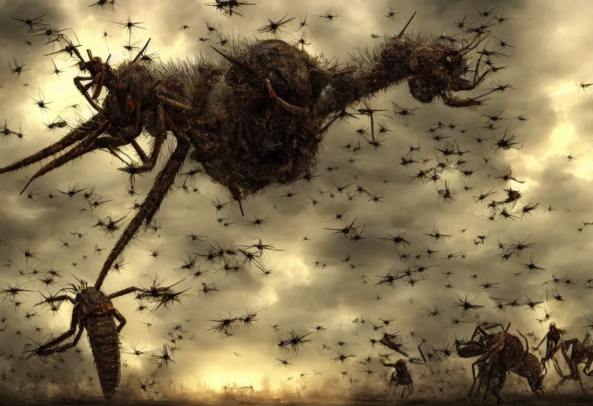 Prompt: attack of a swarm of monstrous mosquitoes from hell, ominous background, hyper realism, realistic, dramatic lighting, octane render, highly detailed, cinematic lighting, cinematic, art by frank frazetta