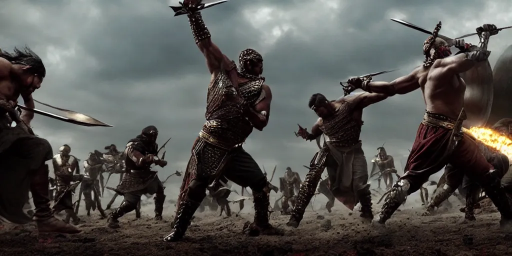 Image similar to epic battle screen of hero, film still from the movie'3 0 0'( 2 0 0 6 ), 3 d, 8 k realistic, cryengine, playstion 5 screen, cinematic lighting