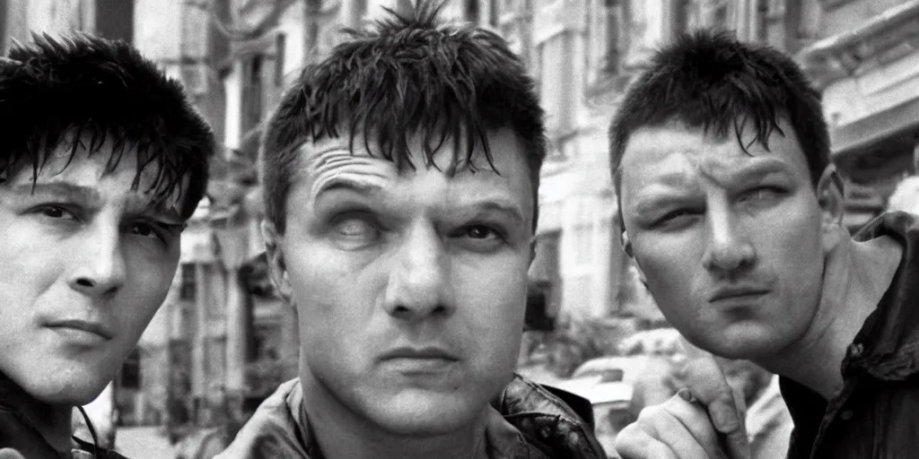 Image similar to close view headshot portrait of alexandr zembatov and mikhail alontsev, tall and small, posing on a street in gangsta comedy of 1990s, movie shot, Lock, Stock and Two Smoking Barrels