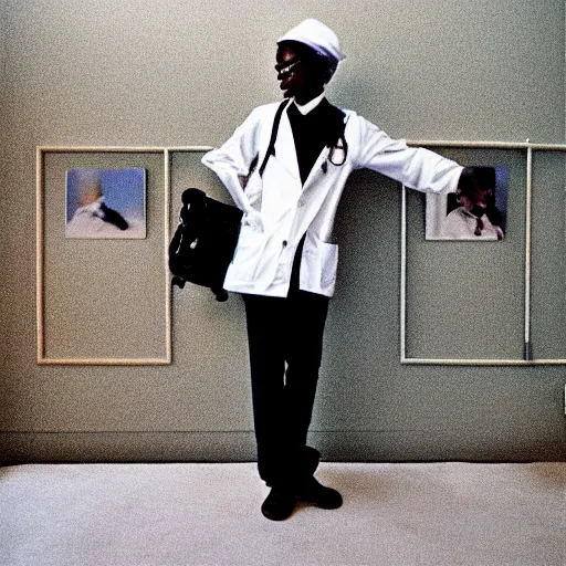 Prompt: doctor swag, portrait, long shot, by jamel shabazz, nan goldin, david bailey