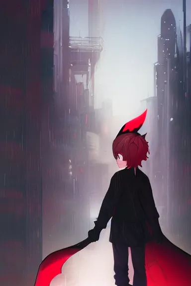 Image similar to little boy with cat ears in an black outfit with red cape. digital artwork made by lois van baarle and kentaro miura, sharpness focus, inspired by hirohiko araki, anatomically correct, heroic composition, hero pose, smooth, night cyberpunk city