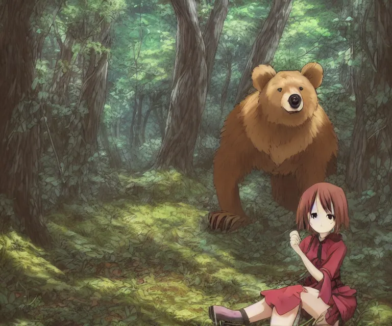 Image similar to bear in a forest, anime fantasy illustration by tomoyuki yamasaki, kyoto studio, madhouse, ufotable, comixwave films, trending on artstation