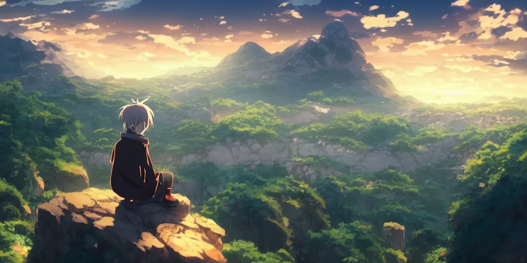 Image similar to isekai masterpiece anime boy sitting on a rock off to the side looking down upon fantasy floating sky town, during dawn, cinematic, very warm colors, intense shadows, anime illustration, rapid mountains, anime screenshot composite background