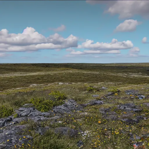 Prompt: a hilly area replete with smooth dark rocks. It's also replete with trees and wildflowers. You can see a bog in the distance. The temperature is cool and the sky is mostly clear. 4k, photorealistic, highly detailed,