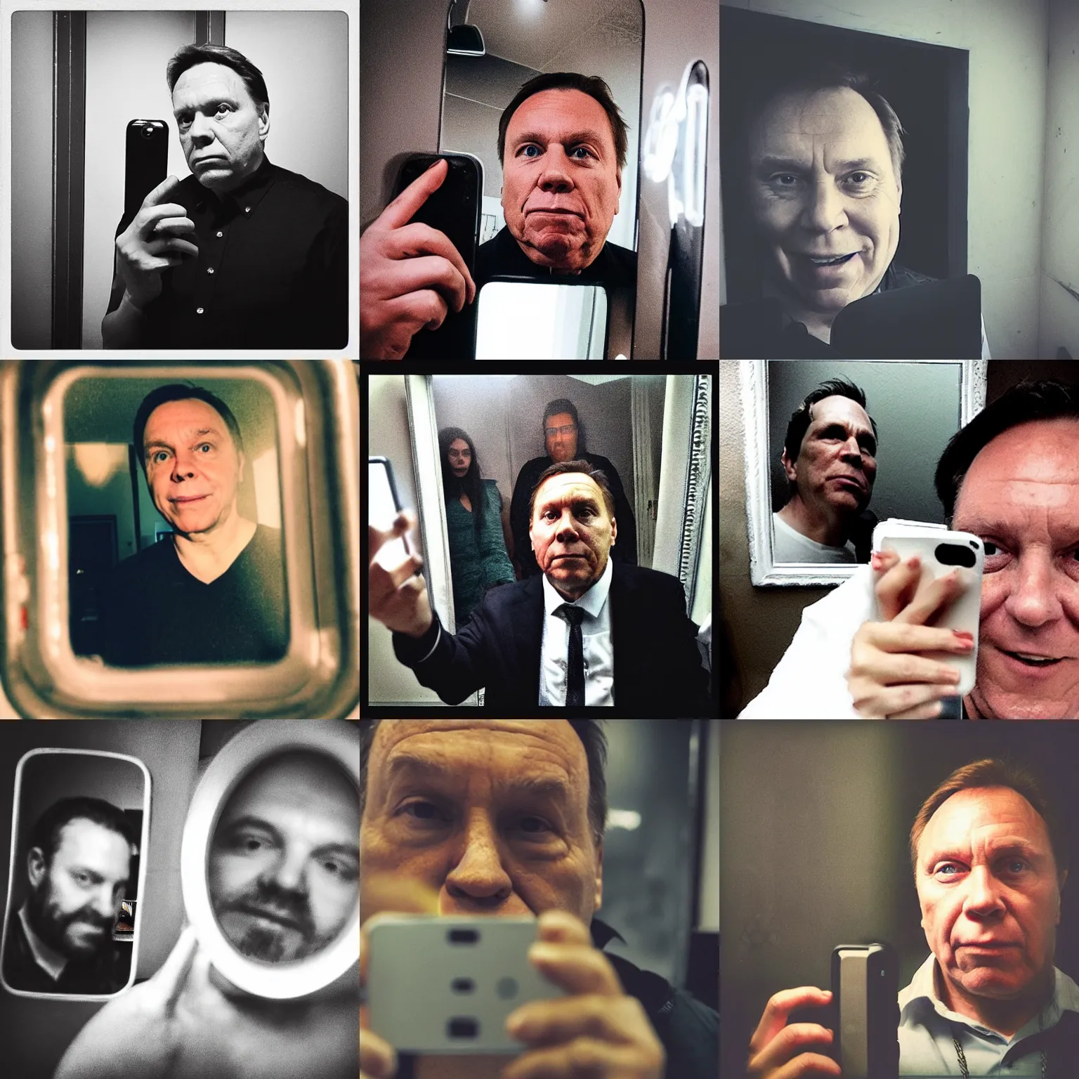 Prompt: francois legault, selfie, instagram filter, dirty mirror, messy bathroom