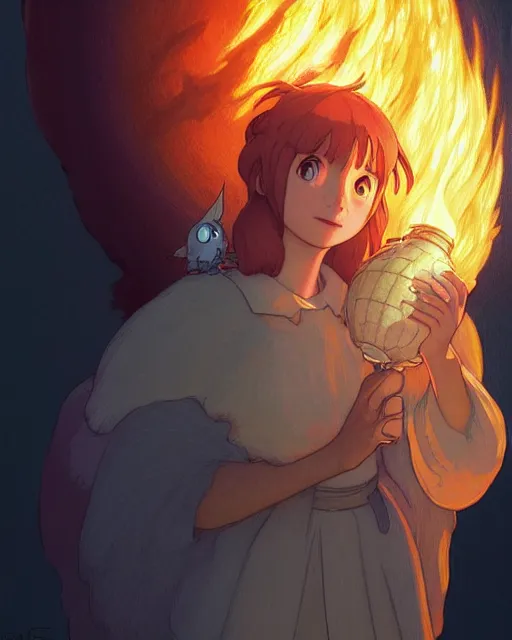 Image similar to real life portrait of calcifer from the movie howl's moving castle, intricate, elegant, highly detailed, digital painting, artstation, concept art, smooth, sharp focus, illustration, art by artgerm and greg rutkowski and fra angelico and alphons mucha