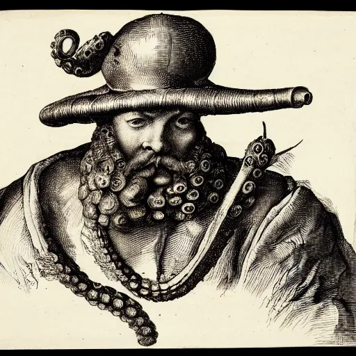 Prompt: tA colonial soldier with an octopus head, by Albrecht Dürer, engraving, ink, black and white, 17th century