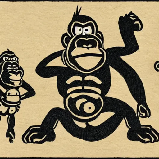 Image similar to Donkey Kong, in the style of a woodblock print.