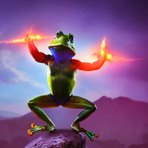 Image similar to a frog solider with muscles standing on two feet and lifting a planet, cinematic lightning, 8 k, octane, digital art, matte painting, vivid colors