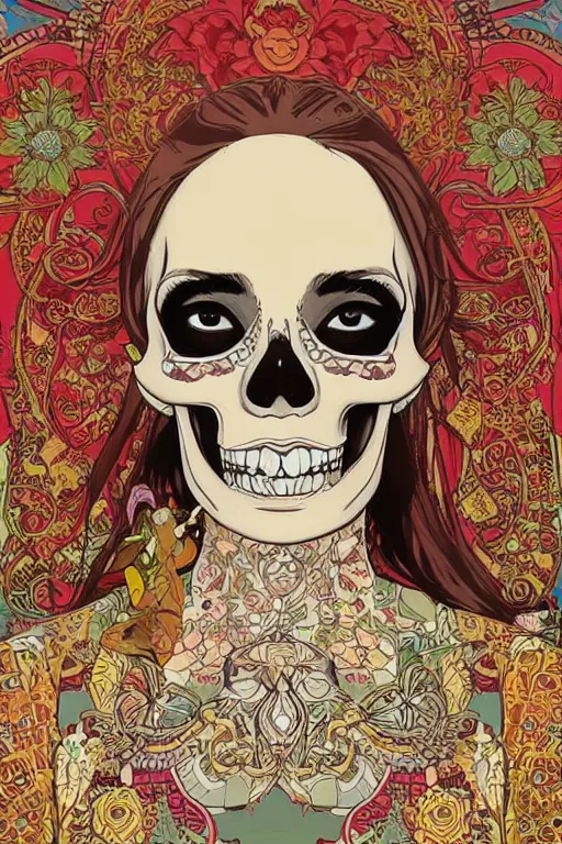 Image similar to beautiful skull portrait girl female illustration detailed patterns art of thai traditional dress, pop art, splash painting, art by geof darrow, ashley wood, alphonse mucha, makoto shinkai