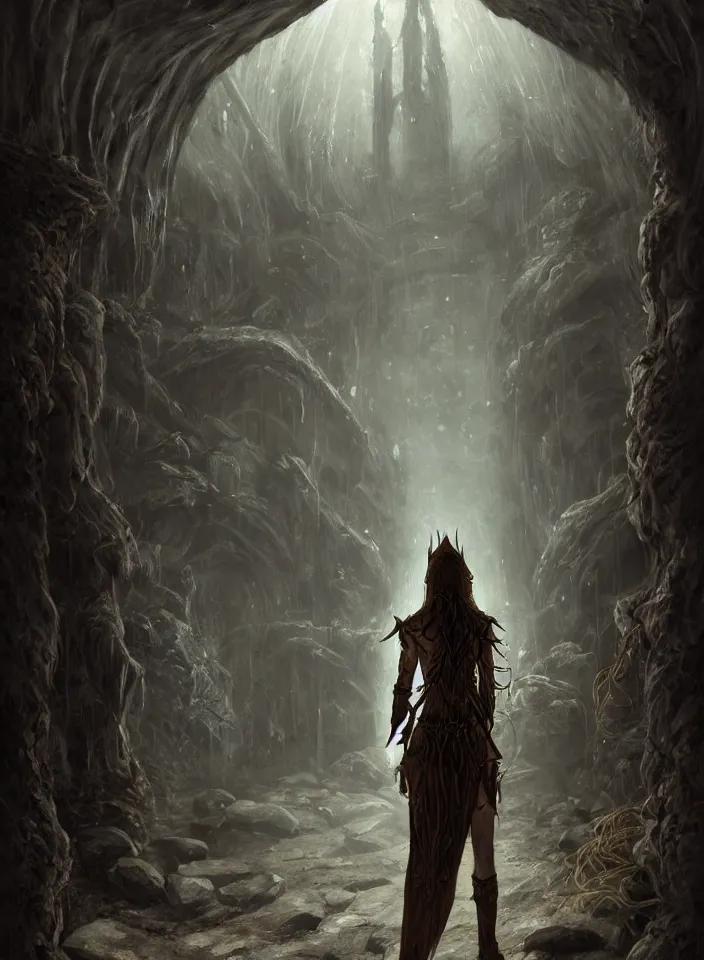 Image similar to a portrait of an elven sorceress exploring an abandoned dwemer dungeon from skyrim, fantasy setting, cold environment, serene colors, soft lighting, atmospheric, cinematic, moody, in the style of diego koi, gina heyer, luiz escanuela, art by alyssa monk, hyperrealism, rule of thirds, golden ratio, oil on canvas, 8 k