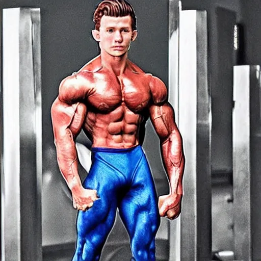 Prompt: a realistic detailed photo of a bodybuilder who is also a male android, tom holland, shiny skin, posing like a statue, blank stare