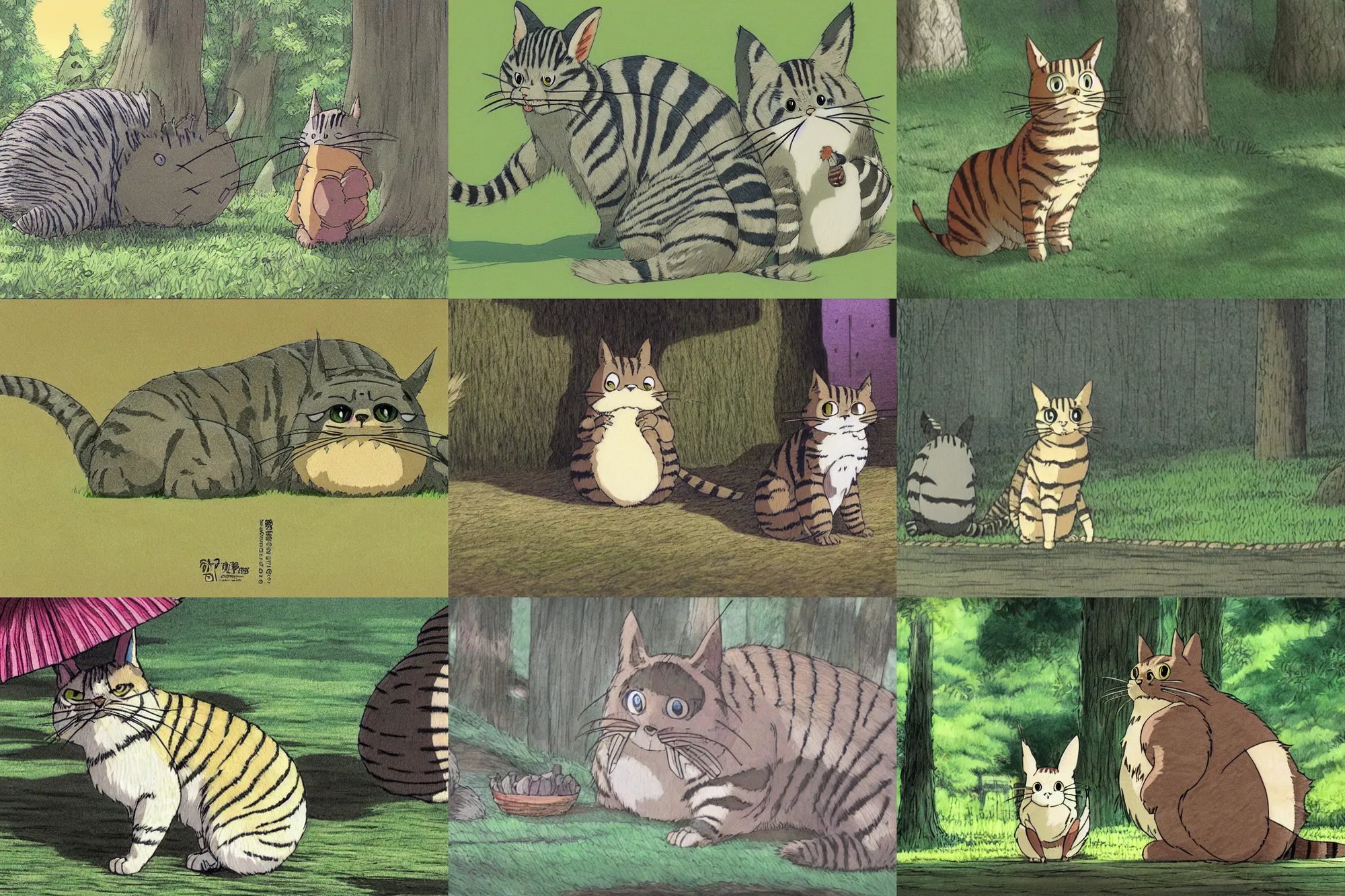 Prompt: striped tabby cat in my neighbor totoro, concept art by hayao Miyazaki, studio ghibli movie still, masterpiece, artstation