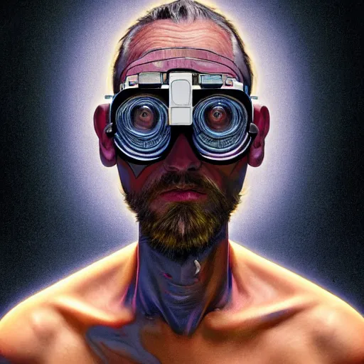 Image similar to Colour Caravaggio and style full body portrait Photography of Highly detailed Man with 1000 years old perfect face with reflecting glowing skin wearing highly detailed sci-fi VR headset designed by Josan Gonzalez. Many details In style of Josan Gonzalez and Mike Winkelmann and andgreg rutkowski and alphonse muchaand and Caspar David Friedrich and Stephen Hickman and James Gurney and Hiromasa Ogura. Rendered in Blender and Octane Render volumetric natural light