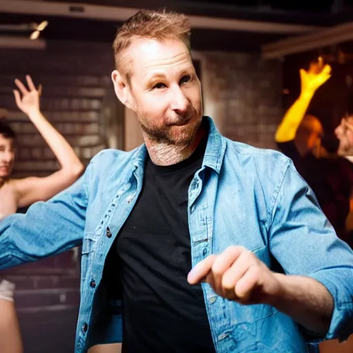 Image similar to photo of a 4 0 year old white man living thinking he's living the best life possible. he looks young for his age. he is at a dance club, it's as if he were in a music video. sadly he did not realize there is more to life. woman are flocking to him and can be seen dancing around him in a seductive manner.