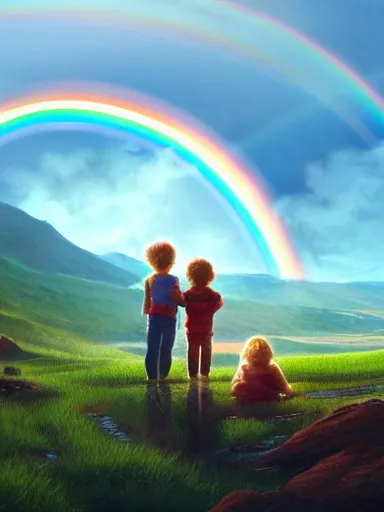 Image similar to dad. mom. kids. a happy familly looking at a distant rainbow. green valley horizon. intricate, elegant, highly detailed, digital painting, artstation, concept art, sharp focus, illustration, by justin gerard and artgerm, 8 k