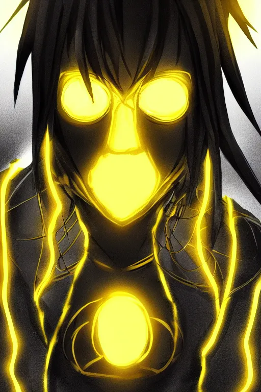 Image similar to glowing black male anime character, golden hair, yellow eyes, symmetrical, highly detailed, digital art, sharp focus, trending on art station, ninja, electricity superpowers, anime art style