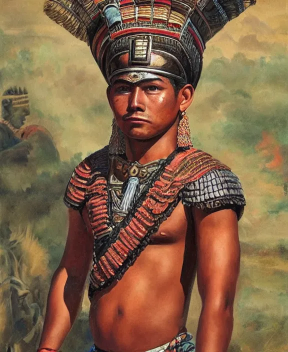 Image similar to portrait of a handsome young mayan warrior in yucatan, art by denys tsiperko and franz xaver kosler and bogdan rezunenko, hyperrealism