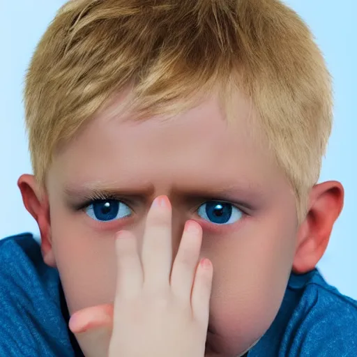 Image similar to portrait of a boy with his hand on his face, extremely realistic and real, photorealistic, blonde hair and blue eyes, detailed facial structure, real eyes that are detailed, real hands