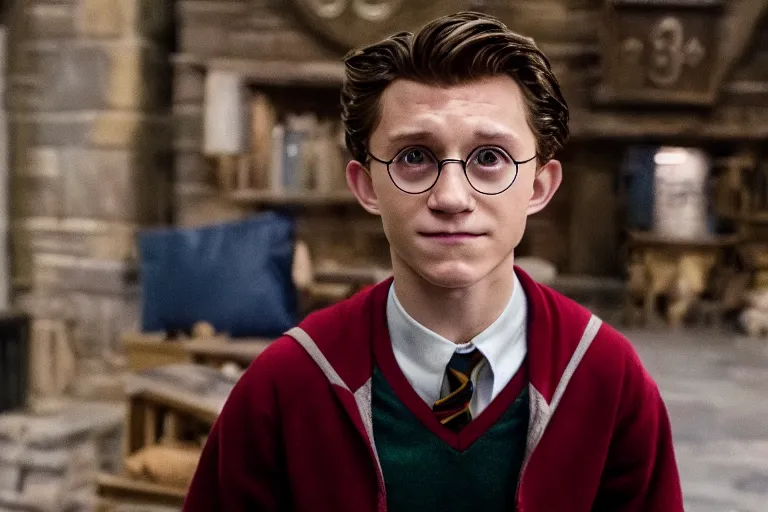 Prompt: film still of Tom Holland as Harry Potter wearing glasses and hogwarts uniform in Harry Potter movie