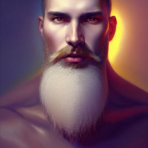 Image similar to portrait of a heavenly god, male, clear face, red and white and gold, masculine, beard, upper body, muscular, fantasy, intricate, elegant, dramatic lighting, highly detailed, digital painting, artstation, concept art, matte, sharp focus, illustration, art by artgerm and greg rutkowski and alphonse mucha