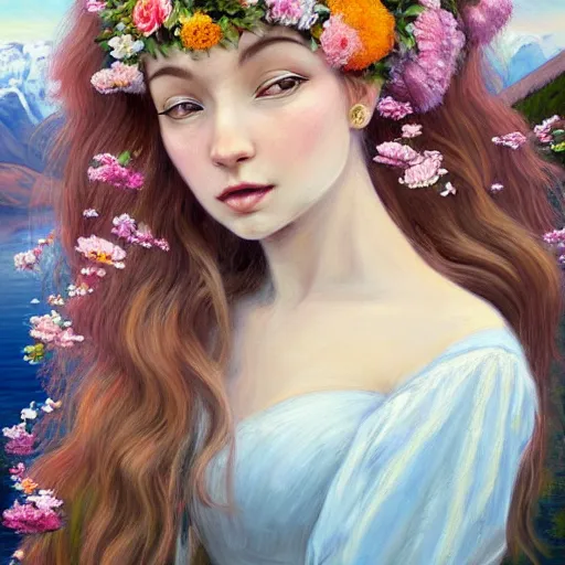 Image similar to a painting of a young woman with flowers in her hair, she's dancing in front of a beautiful lake in switzerland, mountains on the background, high quality oil painting artstyle, feminine, delicate, hyperdetailed, in the style of anna dittmann, deviantart, figurative art, deviantart, ilya kuvshinov, lovecraftian, very detailed face, portrait