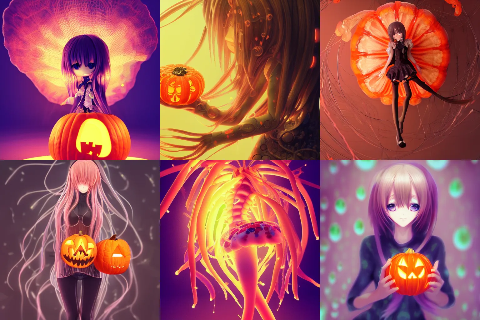 Image similar to intricate anime girl wearing a pumpkin artwork jellyfish bio-mechanical bio-luminescence, octane render, trending on artstation, hyper realism, 8k, fractals, patterns