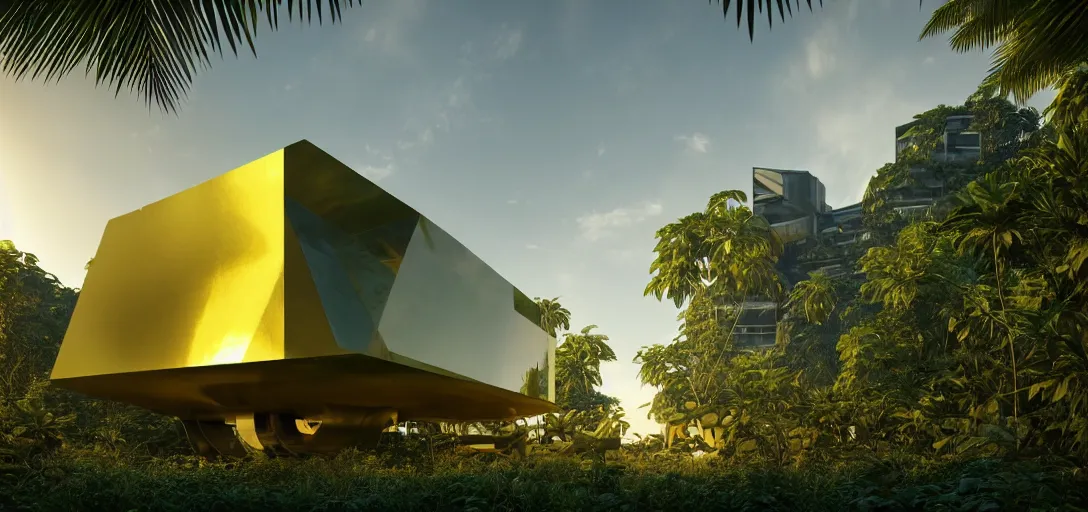 Image similar to futuristic shinny golden building camouflaged in an jungle landscape of a solarpunk world by oscar niemeyer, golden roads le corbusier and frank gerhy, brutalism, movie poster, golden ratio, at dusk lighting, evening lighting, reflections and refractions, film still, hyper realistic, octane render redshift arnold materials unreal engine, 8 k post production, hyper detailed