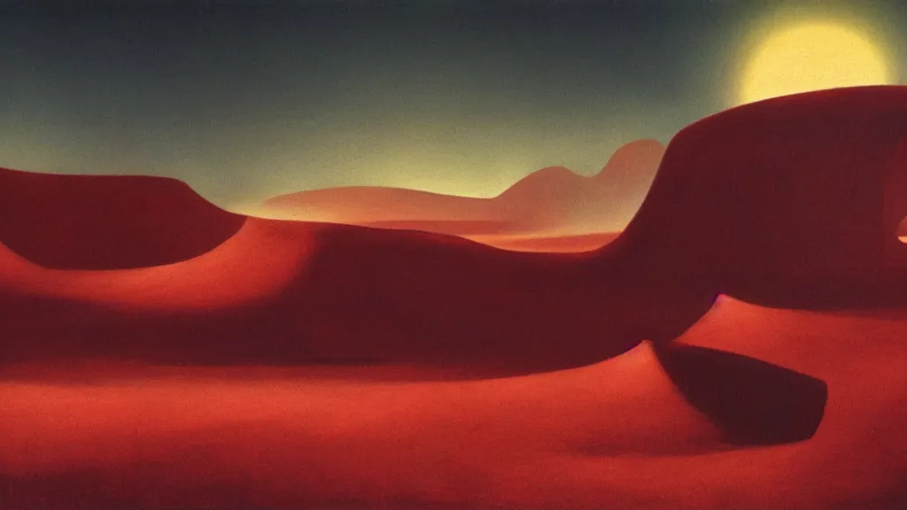 Prompt: otherworldly atmosphere of an alien red desert planet by arthur haas and bruce pennington and john schoenherr, cinematic matte painting, zaha hadid structure, 8 k dark moody colors