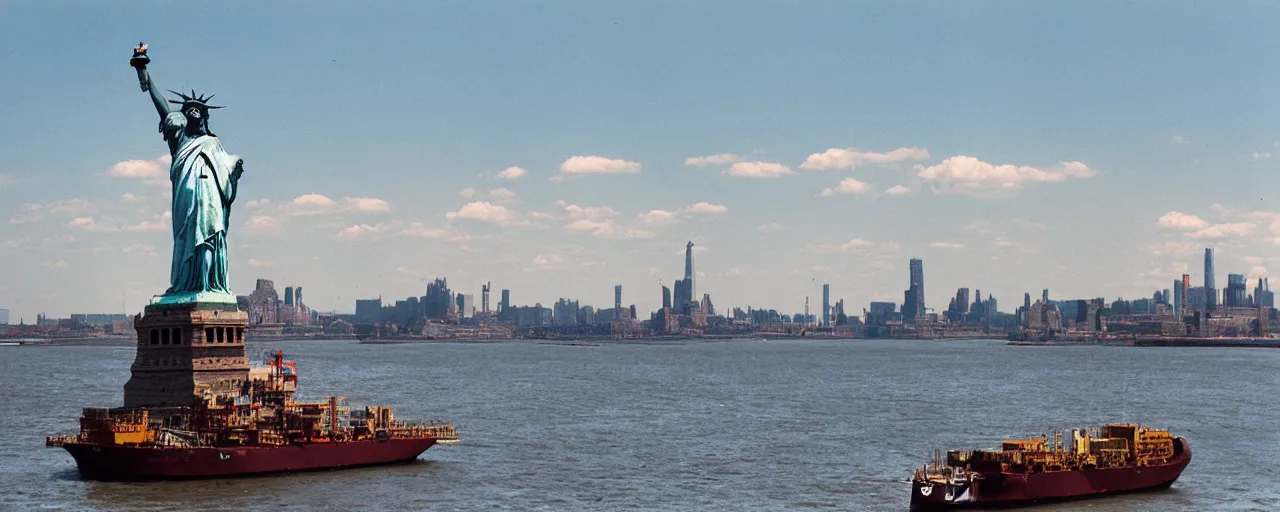 Prompt: a cargo ship transporting spaghetti in hudson river, background of the statute of liberty, canon 5 0 mm, photography, film, kodachrome