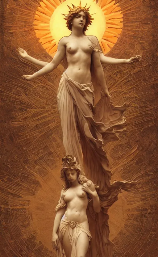 Image similar to statue of the goddess of the sun helios with four arms descending from olympus, artstation, concept art, smooth, sharp focus, illustration, art by artgerm and greg rutkowski and alphonse mucha and william adolphe bouguereau and john william waterhouse