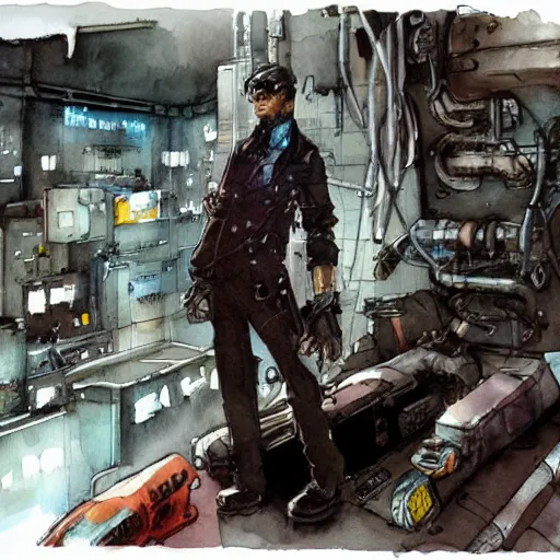 Image similar to watercolor of a cyberpunk mechanic, realistic, detailed, Industrial Scifi, in the style of Ashley Wood and Moebius