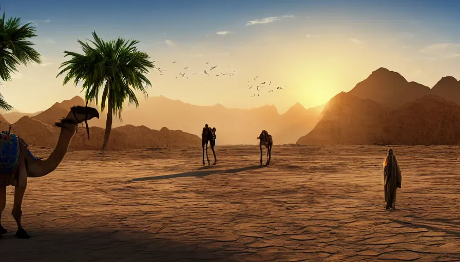 Prompt: a mirage with water stones and palm trees in the desert, artstation, surrounded by wide dessert, human arriving with camel, birds flying, clear blue sky, sun shining