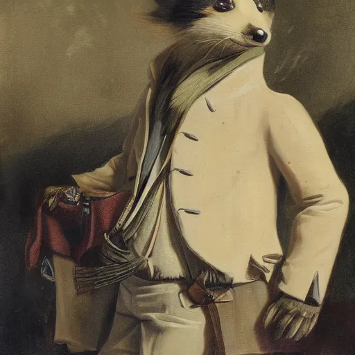 Image similar to a gentleman raccoon wearing a tophap and a kaneda jacket, portrait, painting, detailed, artwork by Hyacinthe Rigaud