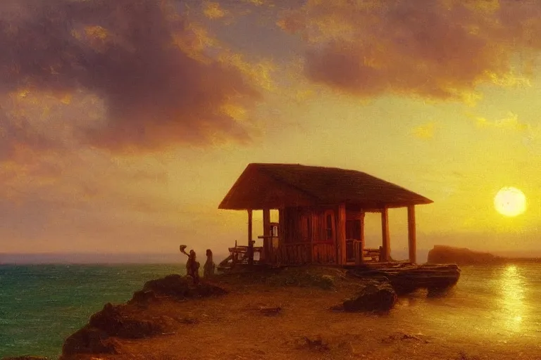 Prompt: sunset over a wooden cabin on the coast in the distance, sea, oil painting, very detailed, colorful, cinematic lighting, albert bierstadt, trending on artstation