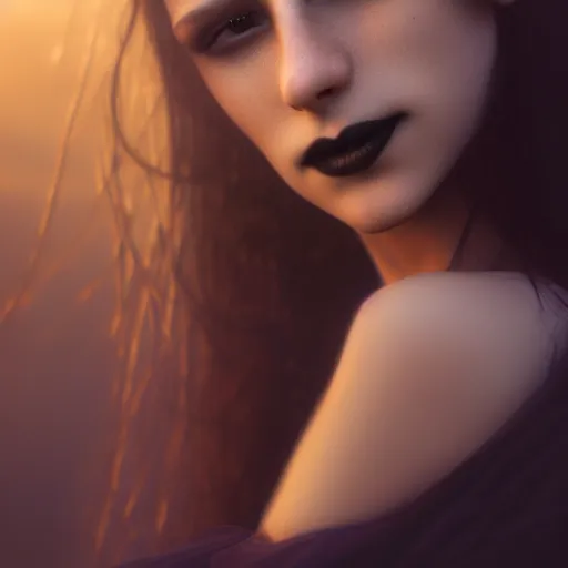 Image similar to photographic portrait of a stunningly beautiful gothic smiling alluring female in soft dreamy light at sunset, god rays, contemporary fashion shoot, by edward robert hughes, annie leibovitz and steve mccurry, david lazar, jimmy nelsson, breathtaking, 8 k resolution, extremely detailed, beautiful, establishing shot, artistic, hyperrealistic, beautiful face, octane render