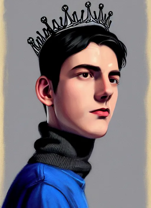 Image similar to portrait of teenage jughead jones wearing a light grey crown, crown, blue turtleneck, 1 9 5 0 s, closed eyes, photorealistic, black hair, glowing lighting, intricate, elegant, glowing lights, highly detailed, digital painting, artstation, concept art, smooth, sharp focus, illustration, art by wlop, mars ravelo and greg rutkowski