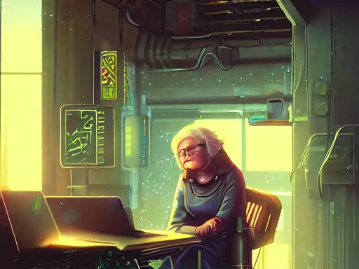 Image similar to a techno wizard grandma sitting in a cyberpunk alley with a laptop in the style of Greg Rutowski , artstation, detailed, cinematic