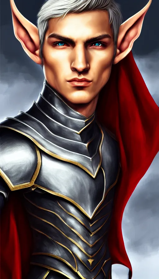 Image similar to A medium shot portrait of a male elf, he is about 20 years old, attractive, lean but muscular, serious composure, short silver hair, prideful look, he is wearing black heavy armor with gold plating and a red cape, highly detailed portrait, digital painting, ArtStation, concept art, smooth, sharp focus illustration