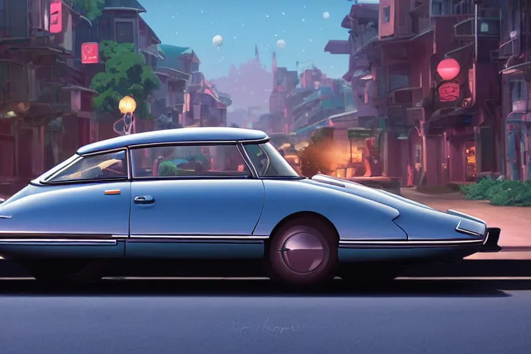 Image similar to a wholesome animation key shot of!! one!! focused! 1 9 7 4 citroen ds! in the street, medium shot, studio ghibli, pixar and disney animation, sharp, very detailed, high resolution, rendered in unreal engine 5, anime key art by greg rutkowski, bloom, dramatic lighting