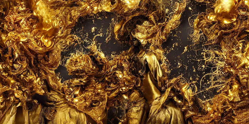 Image similar to 'Deamons unleashed in Times Square' by István Sándorfi royally decorated, whirling smoke, embers, gold encrustations , gilt silk torn fabric, radiant colors, fantasy, perfect lighting, studio lit, volumetric lighting, micro details, 3d sculpture,