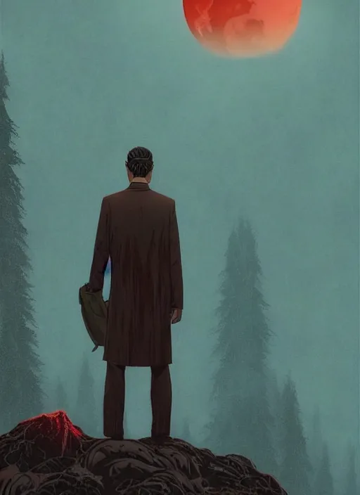 Prompt: Twin Peaks movie poster artwork by Michael Whelan and Tomer Hanuka, Rendering of Kyle MacLachlan gazing at the Blood moon tentacles, from a scene from Twin Peaks, clean, full of detail, Matte painting, trending on artstation and unreal engine