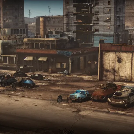 Image similar to a fallout game set in south texas and new mexico, el paso, city, post apocalyptic, 4 k hd, game screenshot