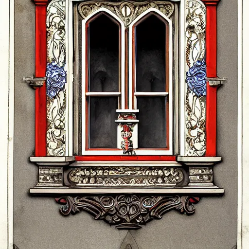 Image similar to digital illustration of a beautiful window open front view, aesthetic, achenbach, andreas, angelico, fra, bellotto, bernardo, ornate, russian style, colorful architectural drawing, behance contest winner, vintage frame window