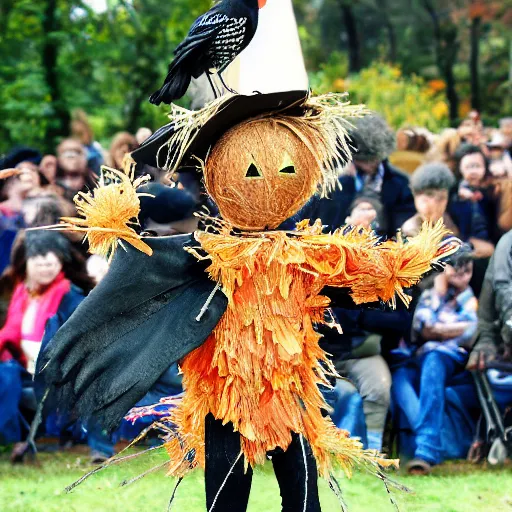 Prompt: a scarecrow doing a catwalk, famous, show, flashing lights, crows