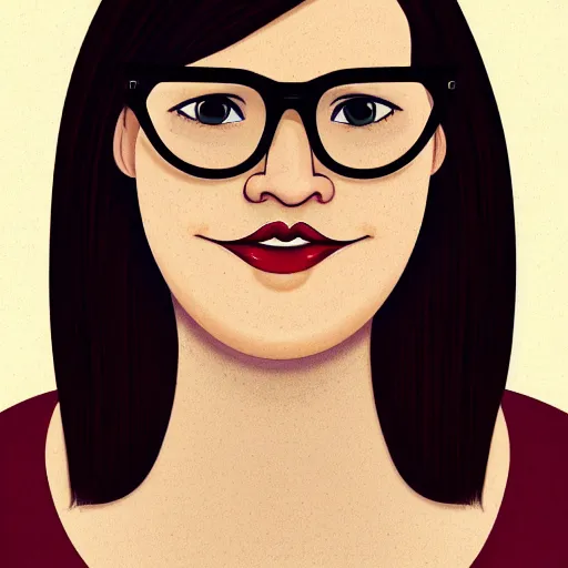 Prompt: portrait of a curvy stocky romanian woman, brown hair, messy bob, straight hair, brown eyes, round nose, low eyes, romanian, laugh lines, round face, round jaw, round nose, white glasses, glasses, big forehead, white reading glasses, librarian, wide shot, digital art, loish, 8 k, trending on artstation