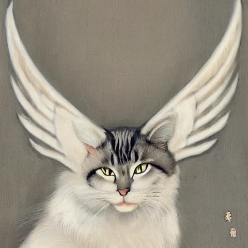 Image similar to 'a cat with two wings by Lin Xiao, highly detailed