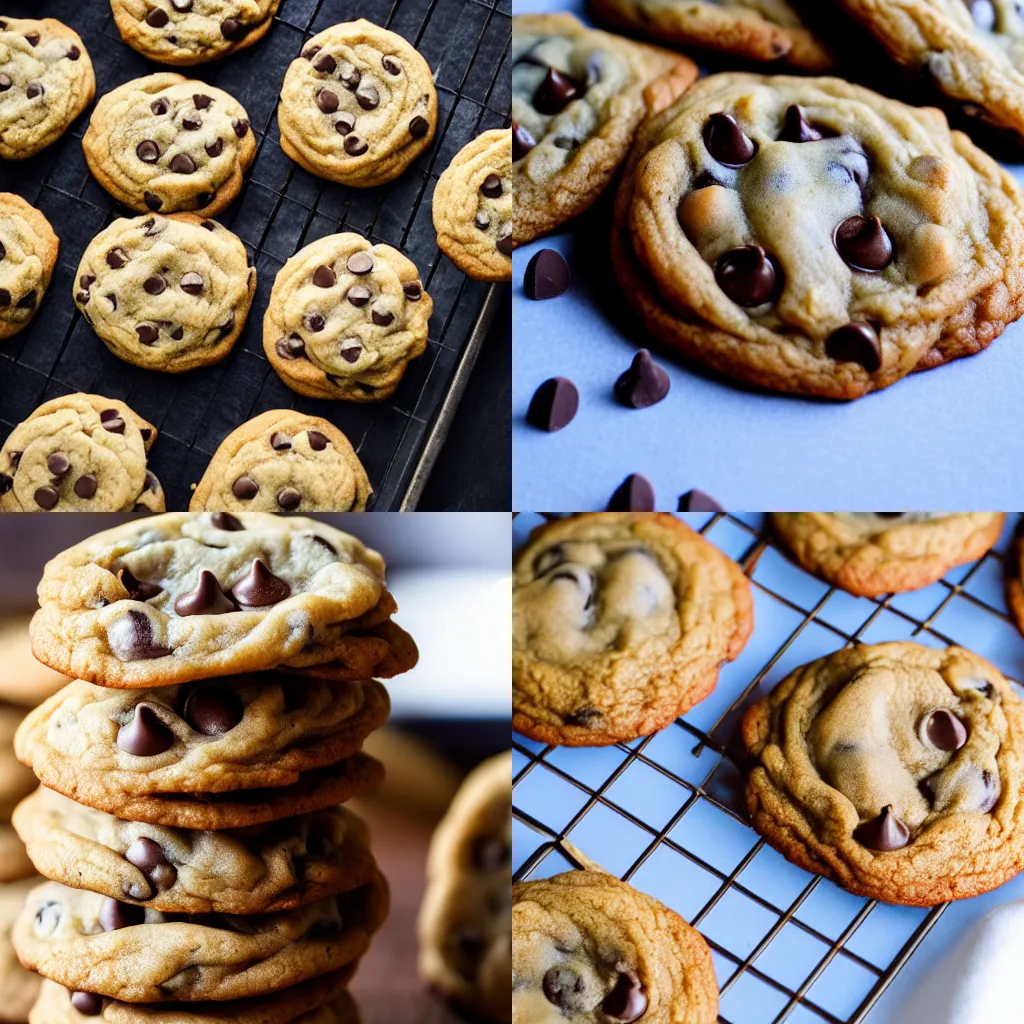 Prompt: the softest, warmest, batch of chocolate chip cookies ever. beautiful lighting. DOF.