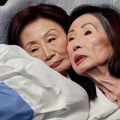 Prompt: An ultradetailed picture of Tsai Ing-wen and Nancy Pelosi lying in bed, kissing, by Michelangelo, 4k